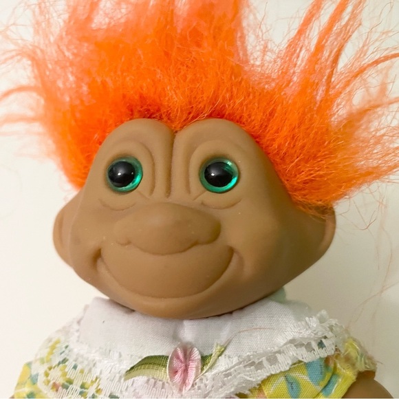 Vtg Troll Doll with Orange Hair and Floral Dress - Picture 3 of 16